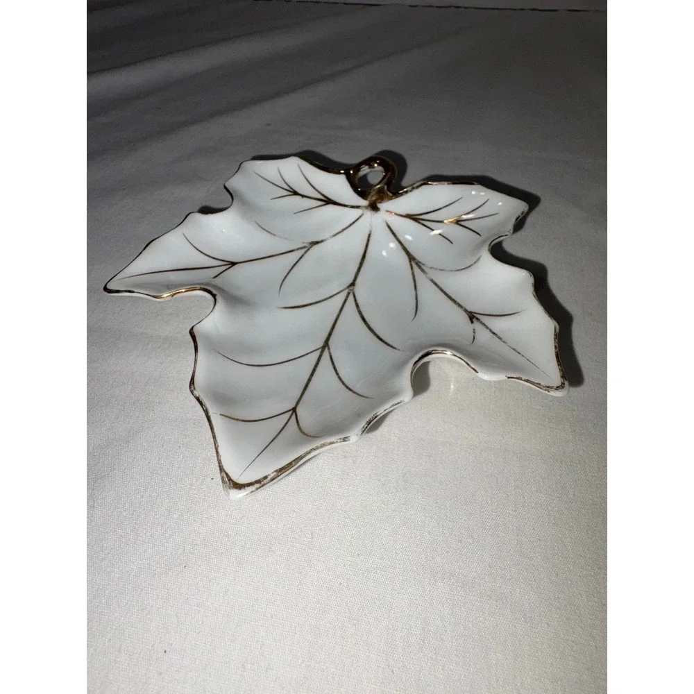 White Porcelain Maple Leaf Trinket Dish Gold Trim Gilt Japan Jewelry TrayVintage